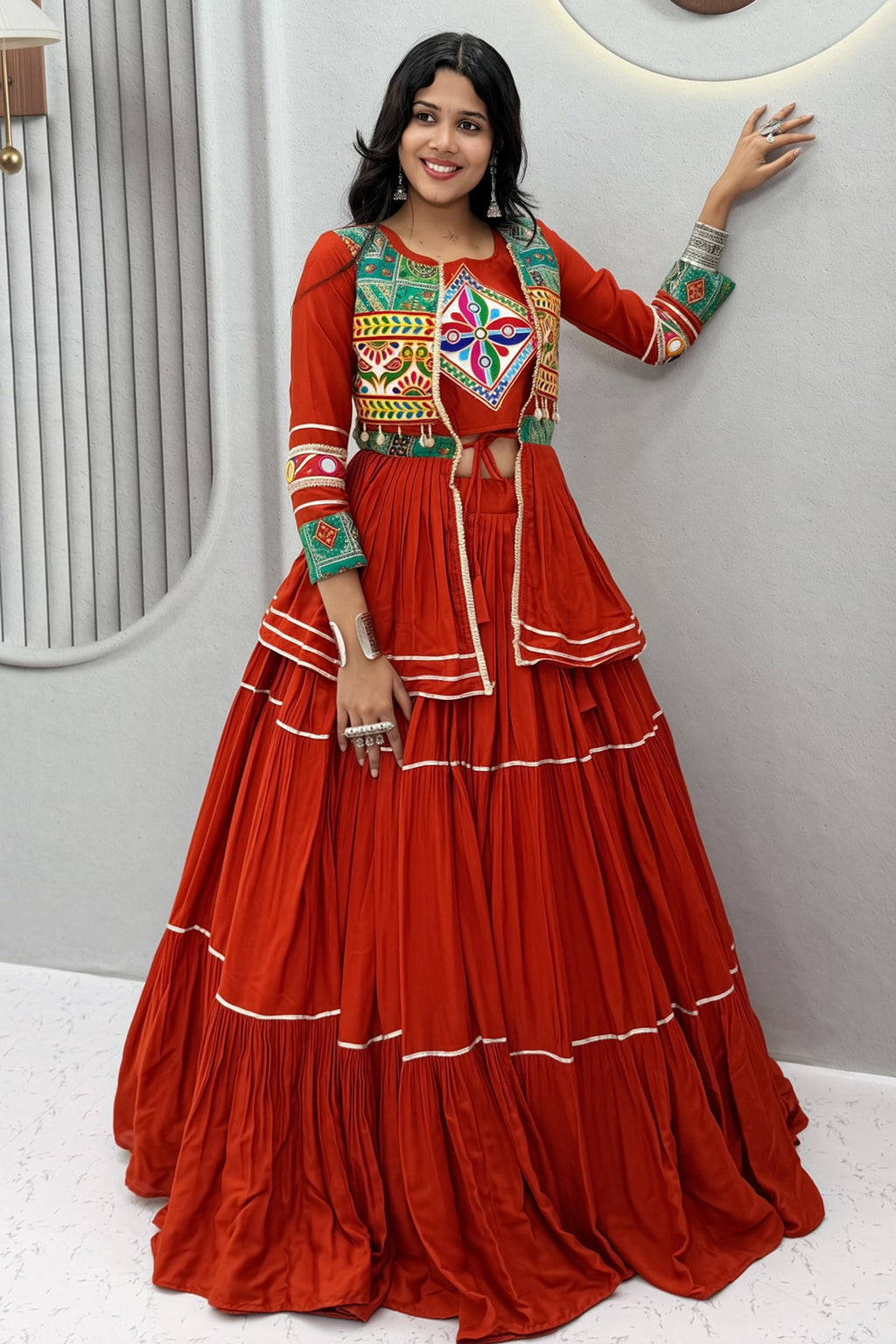Red Cotton Kachchi Worked Peplum Chaniya Choli