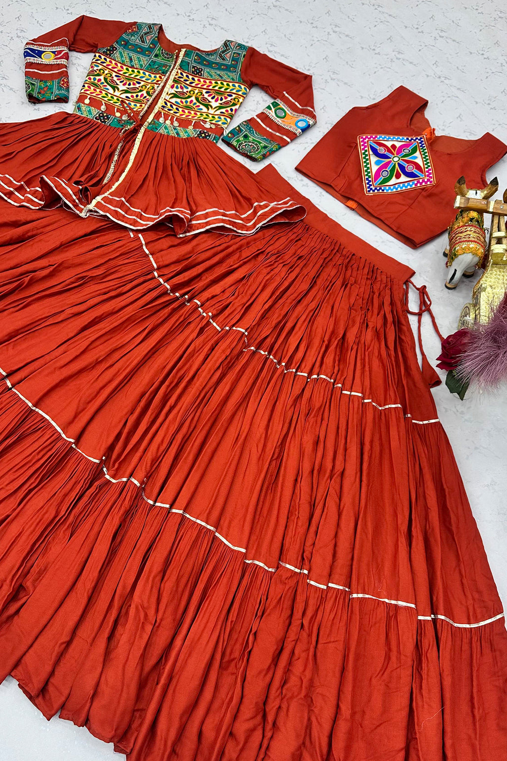 Red Cotton Kachchi Worked Peplum Chaniya Choli