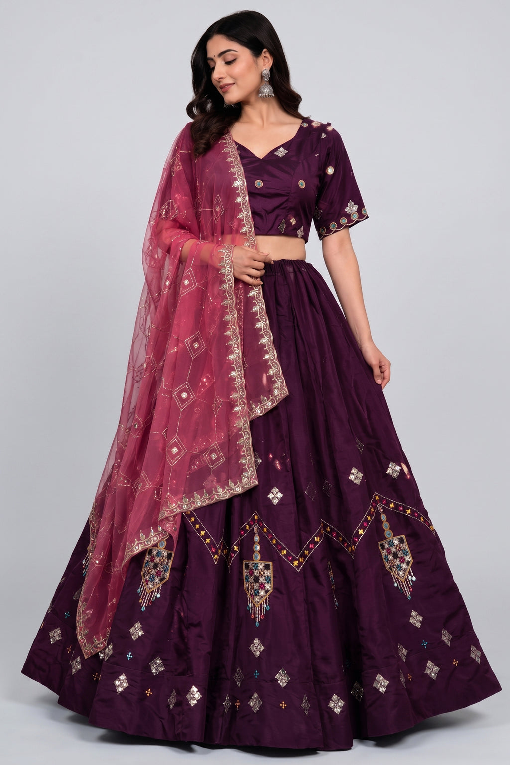 Wine Art Silk Sequin Embroidered Chaniya Choli