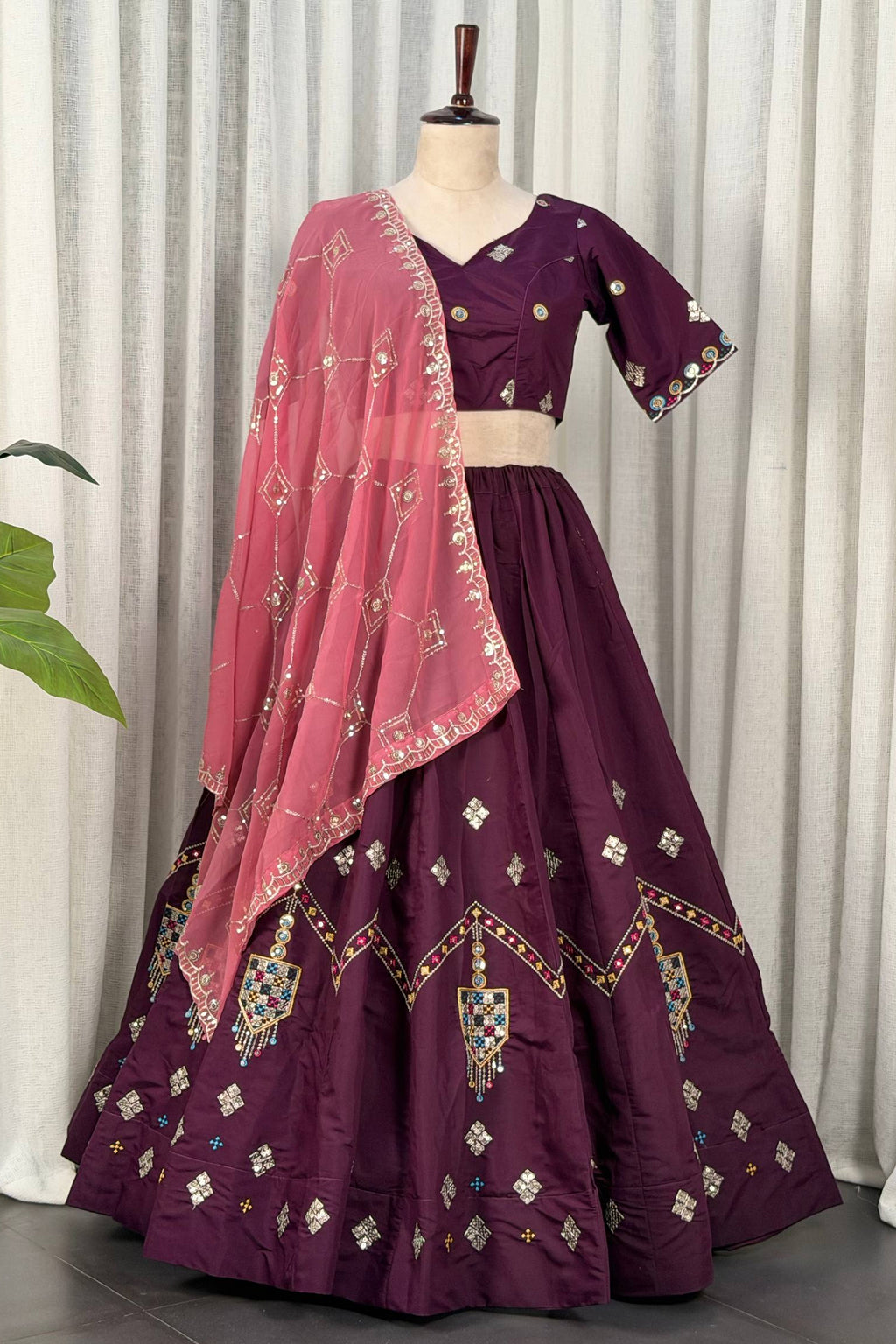 Wine Art Silk Sequin Embroidered Chaniya Choli