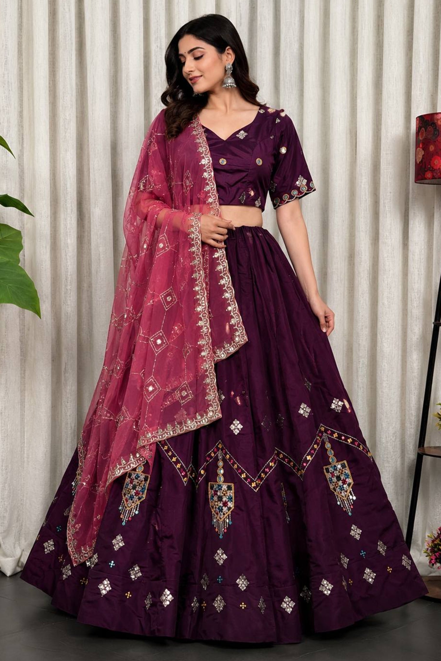 Wine Art Silk Sequin Embroidered Chaniya Choli