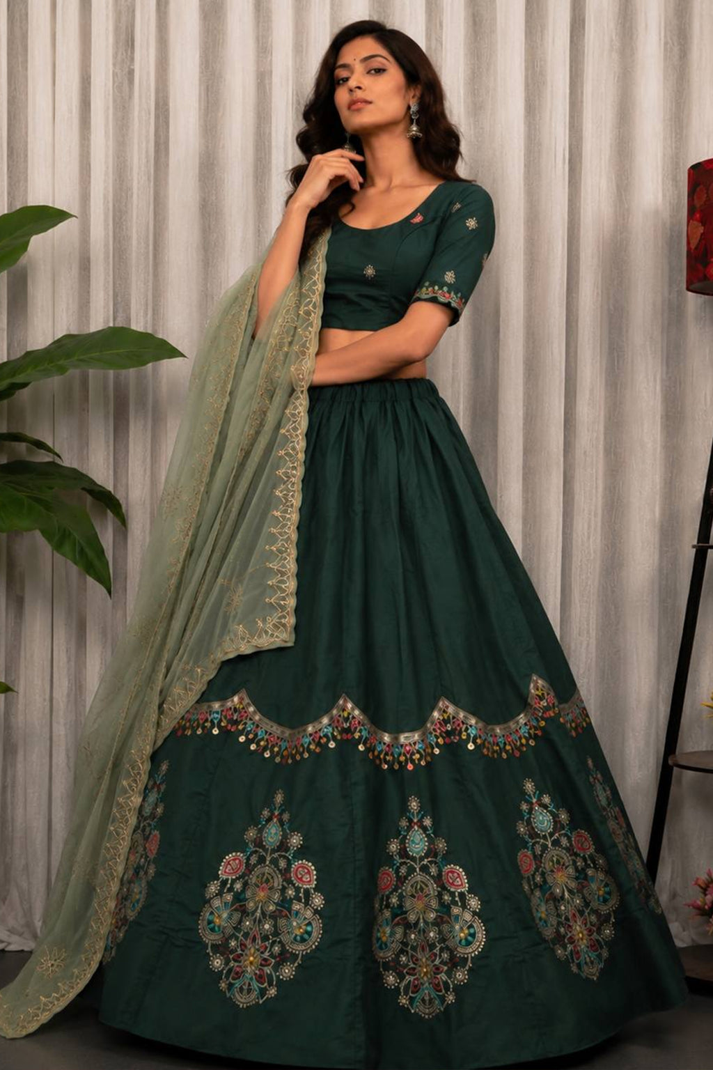 Bottle Green Art Silk Sequin Embroidered Chaniya Choli