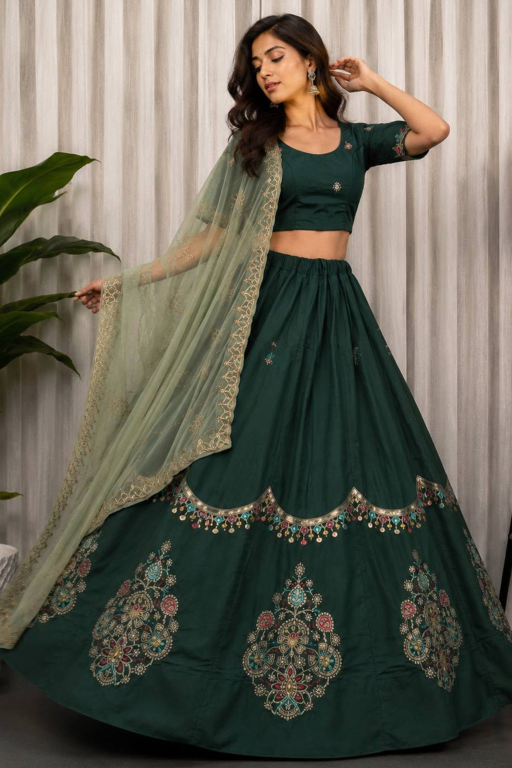 Bottle Green Art Silk Sequin Embroidered Chaniya Choli