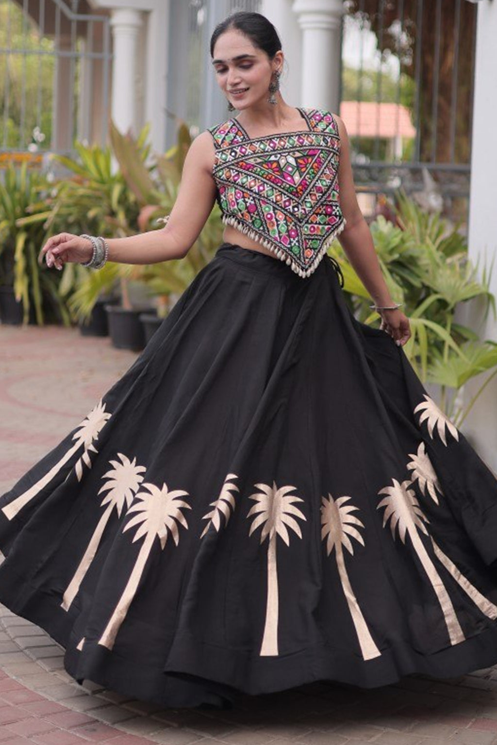 Black Cotton Kachchi Mirror Worked Chaniya Choli