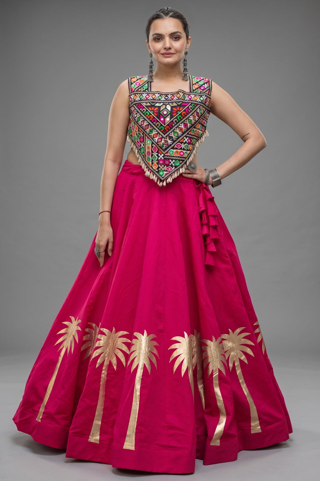 Pink Cotton Kachchi Mirror Worked Chaniya Choli