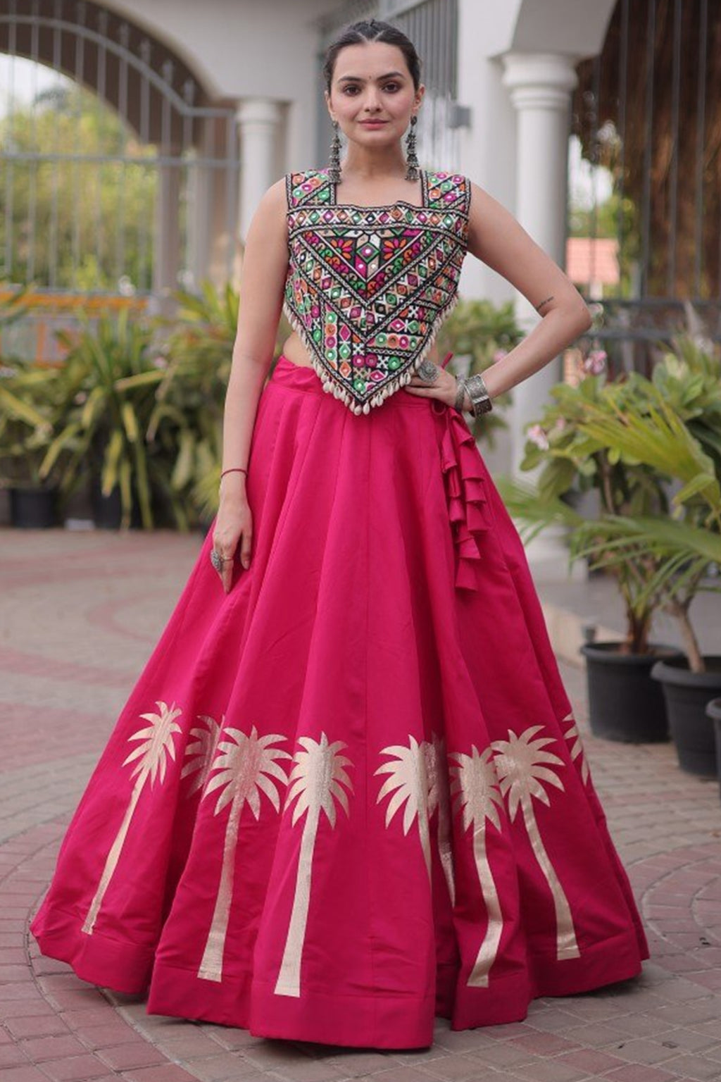 Pink Cotton Kachchi Mirror Worked Chaniya Choli