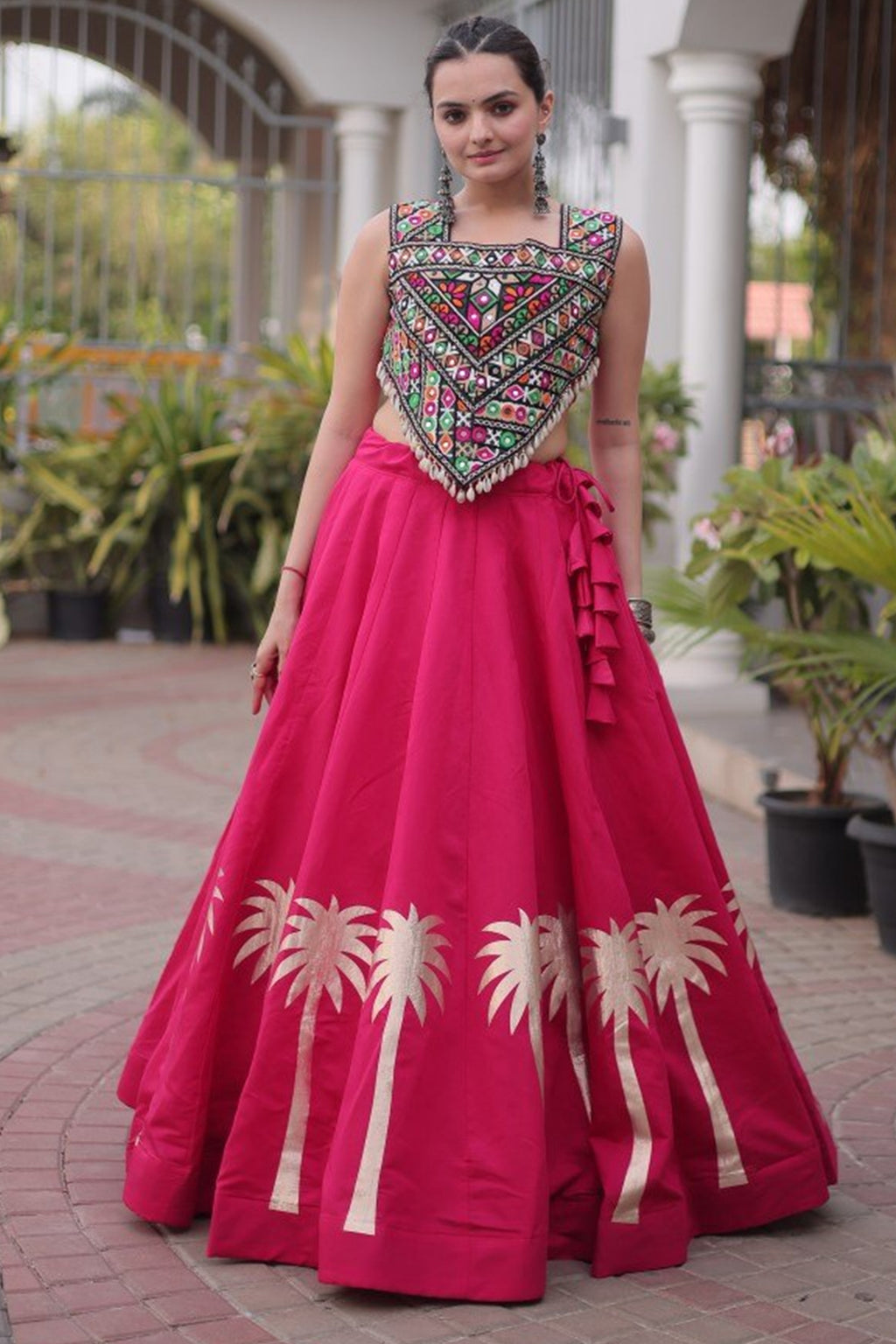 Pink Cotton Kachchi Mirror Worked Chaniya Choli