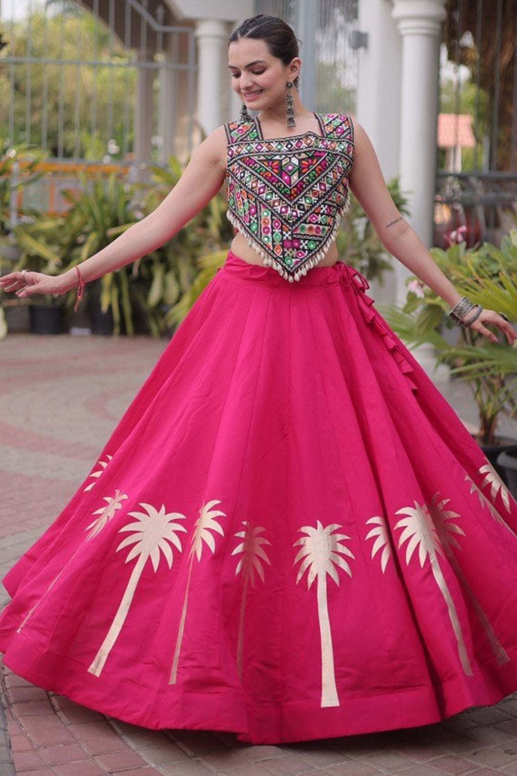 Pink Cotton Kachchi Mirror Worked Chaniya Choli