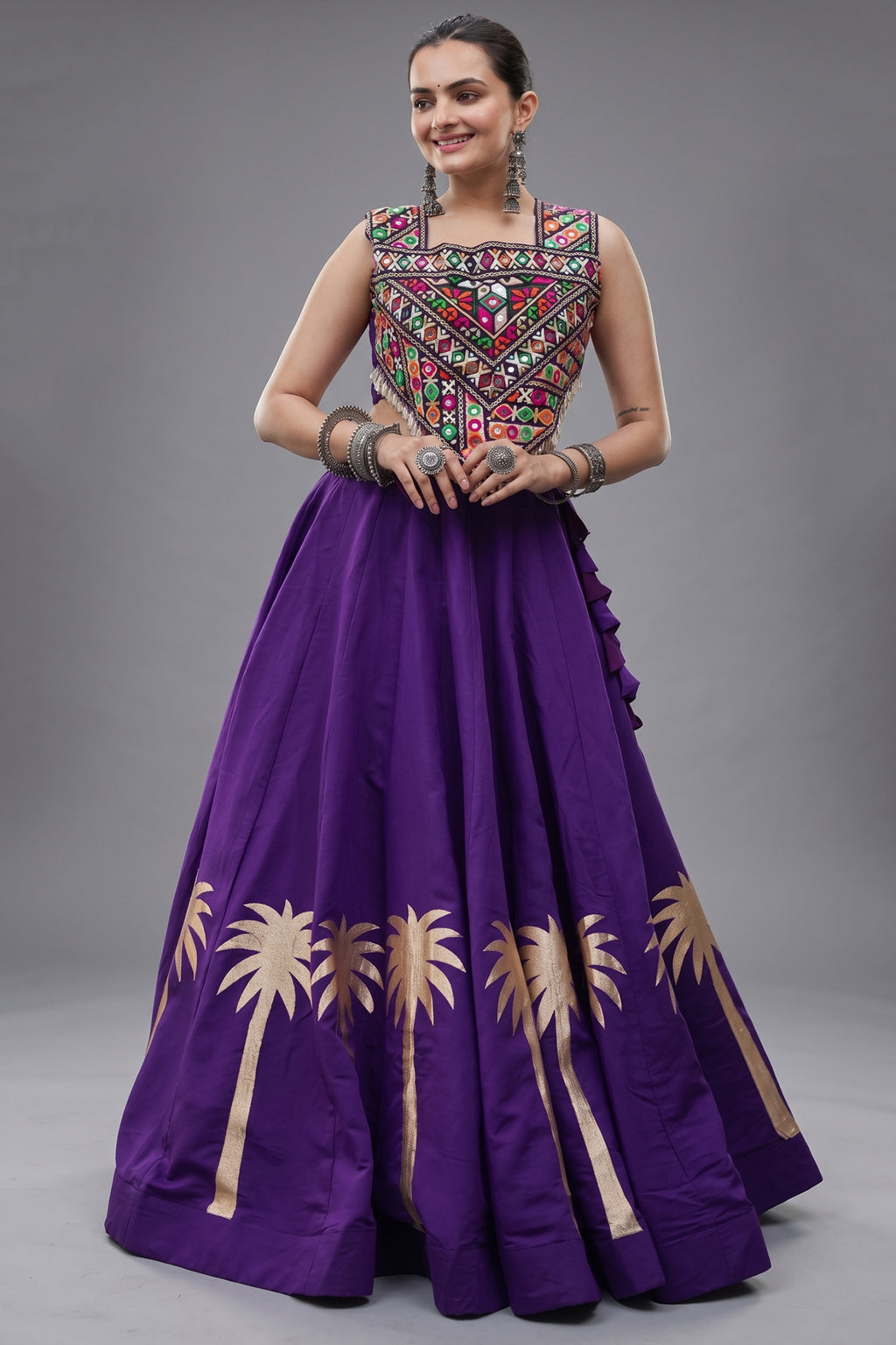 Lavender Cotton Kachchi Mirror Worked Chaniya Choli