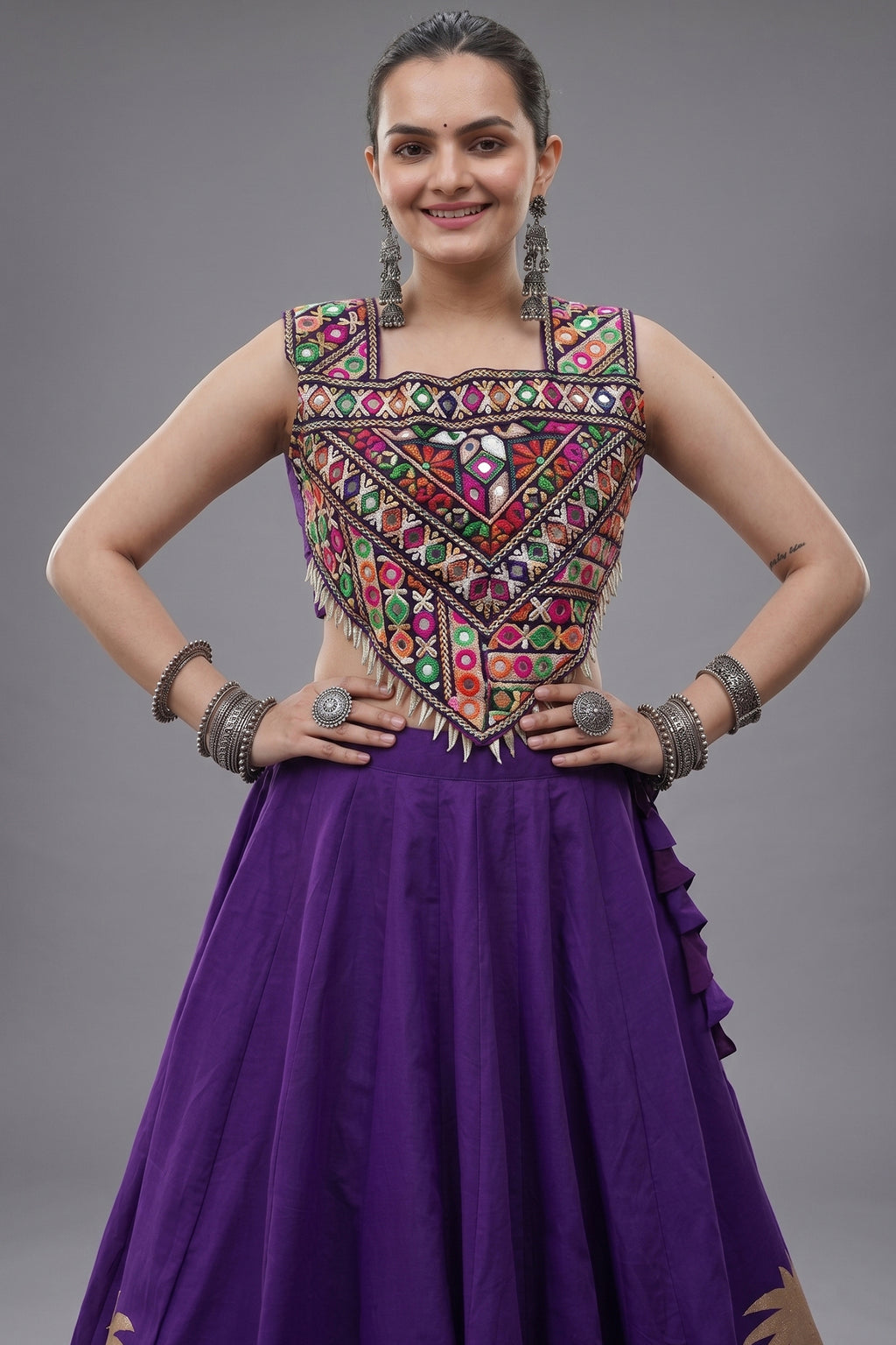 Lavender Cotton Kachchi Mirror Worked Chaniya Choli