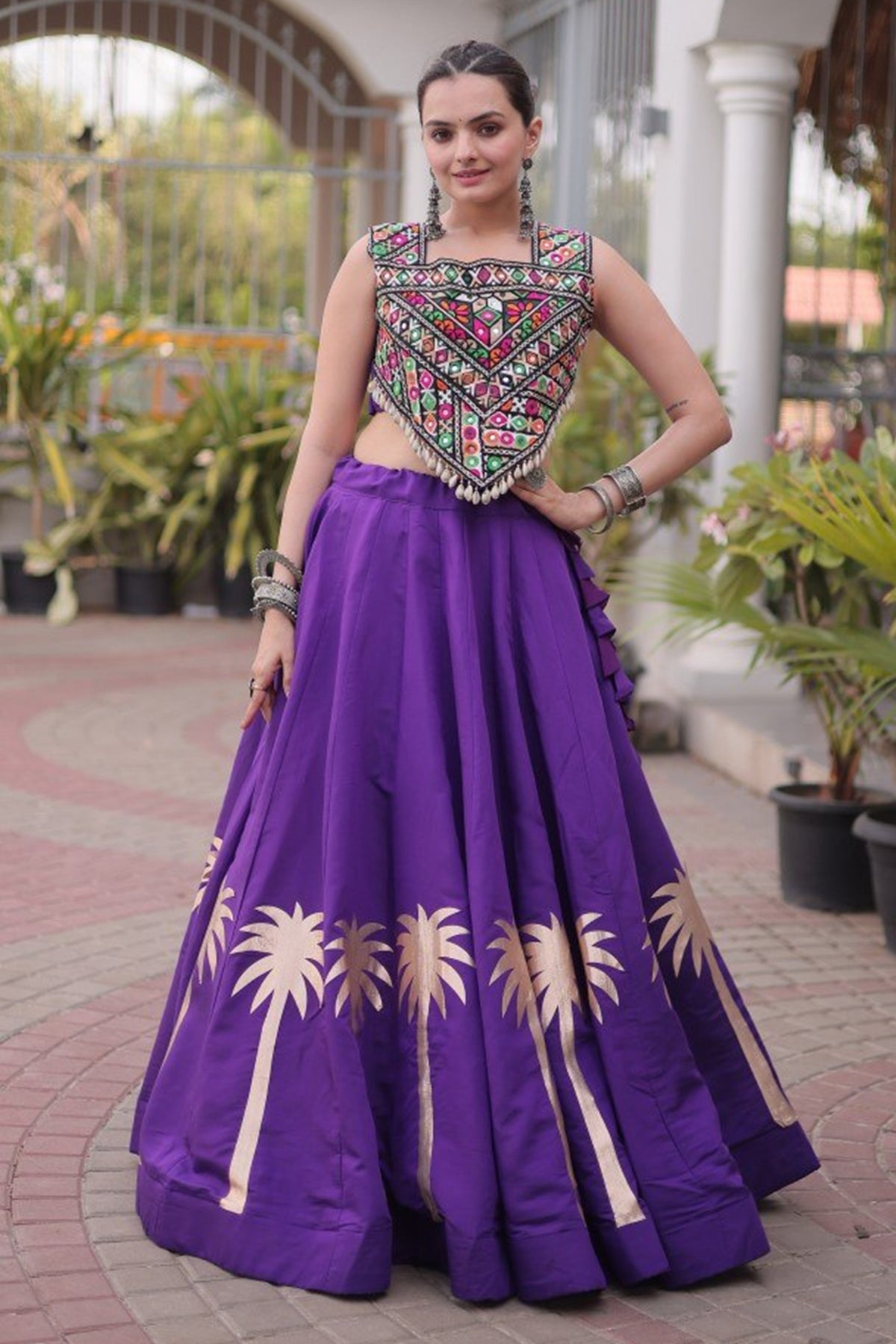 Lavender Cotton Kachchi Mirror Worked Chaniya Choli