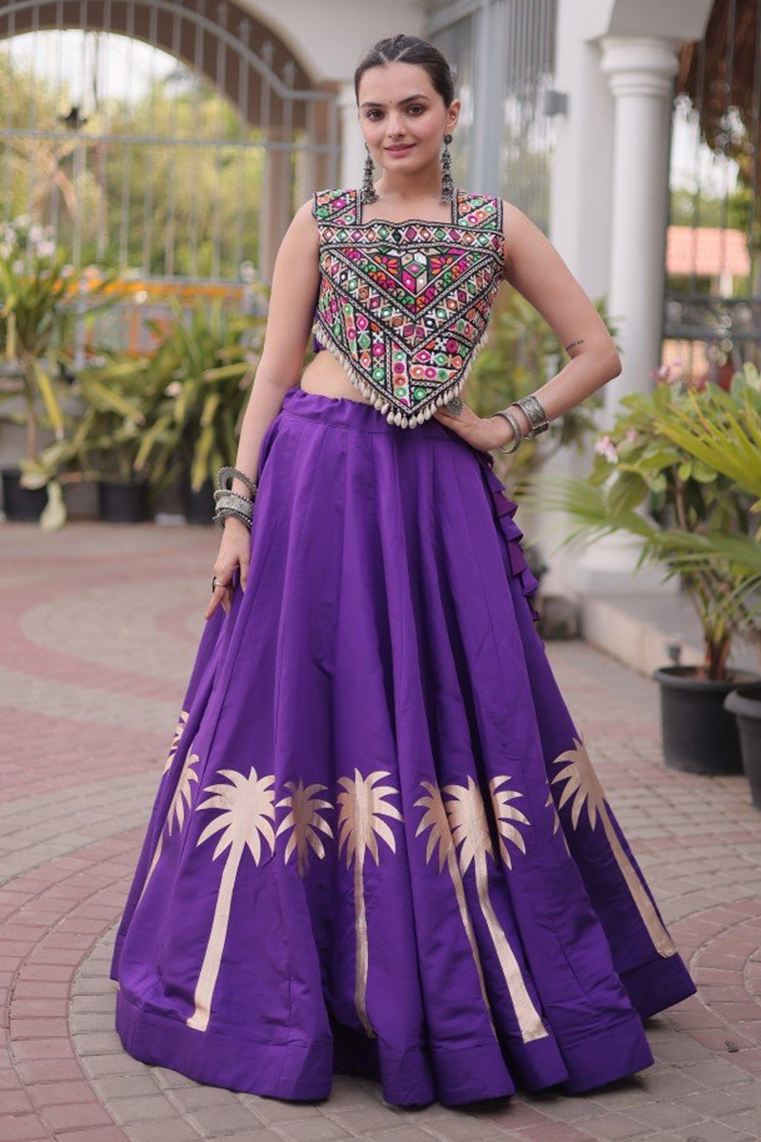 Lavender Cotton Kachchi Mirror Worked Chaniya Choli