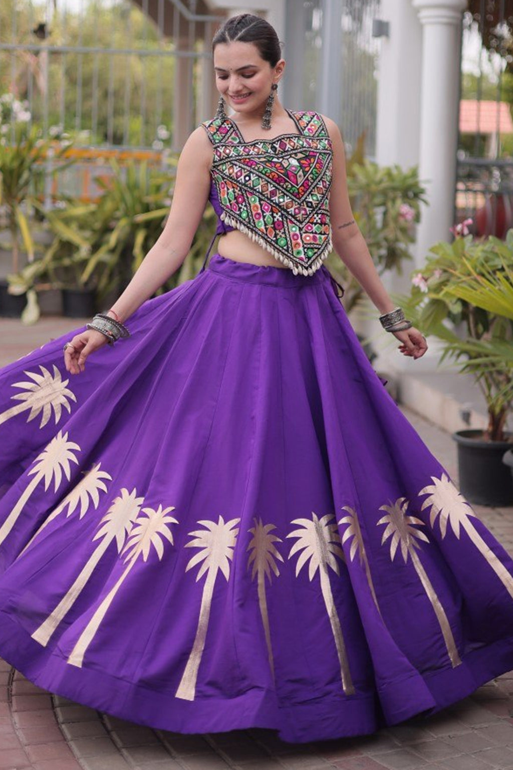 Lavender Cotton Kachchi Mirror Worked Chaniya Choli