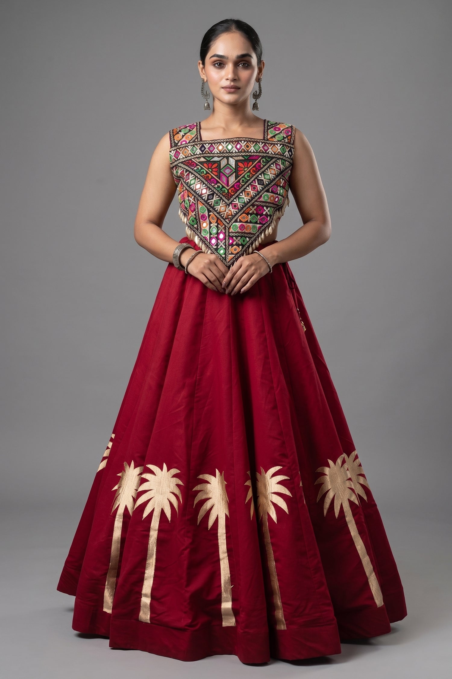 Red Cotton Kachchi Mirror Worked Chaniya Choli