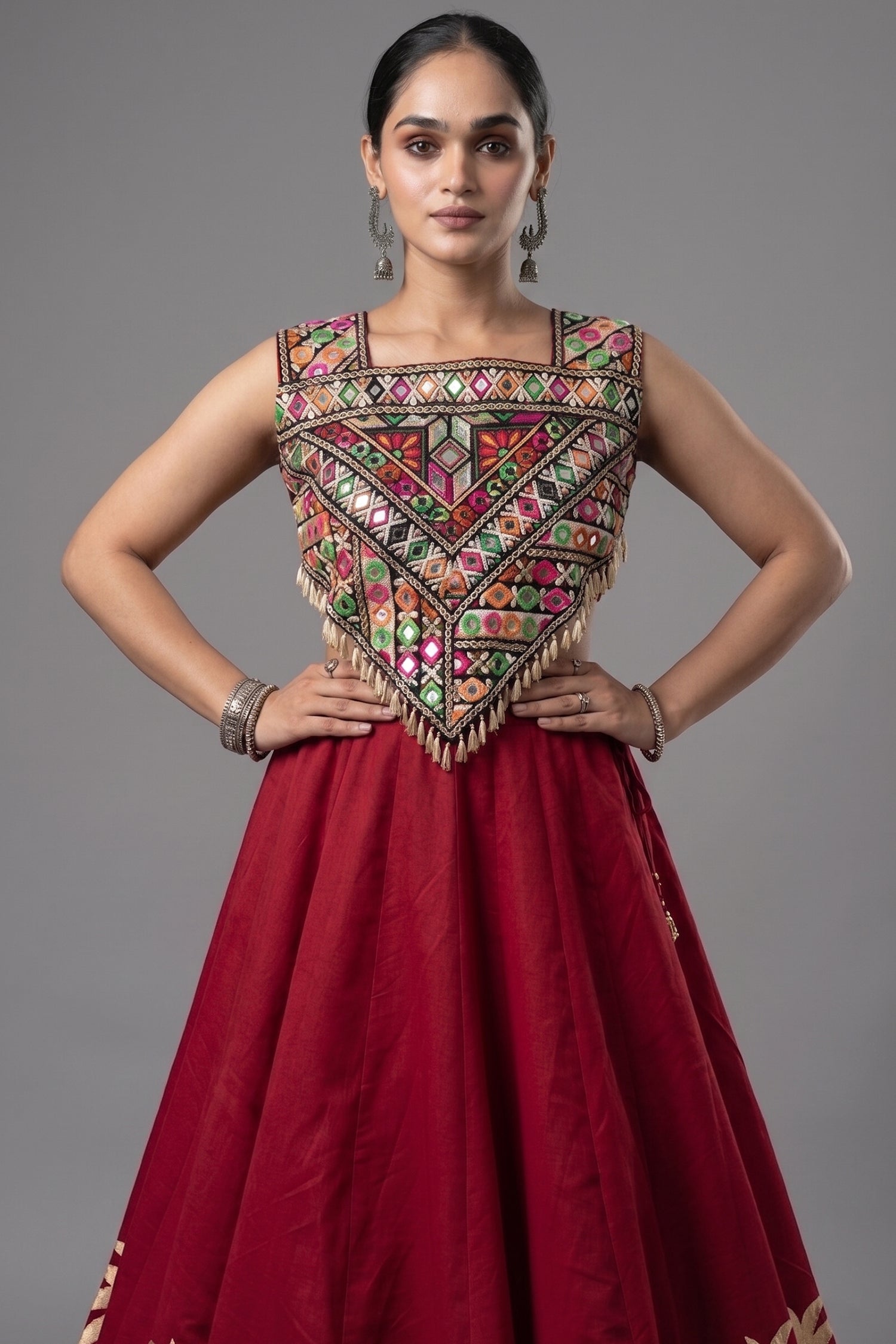 Red Cotton Kachchi Mirror Worked Chaniya Choli