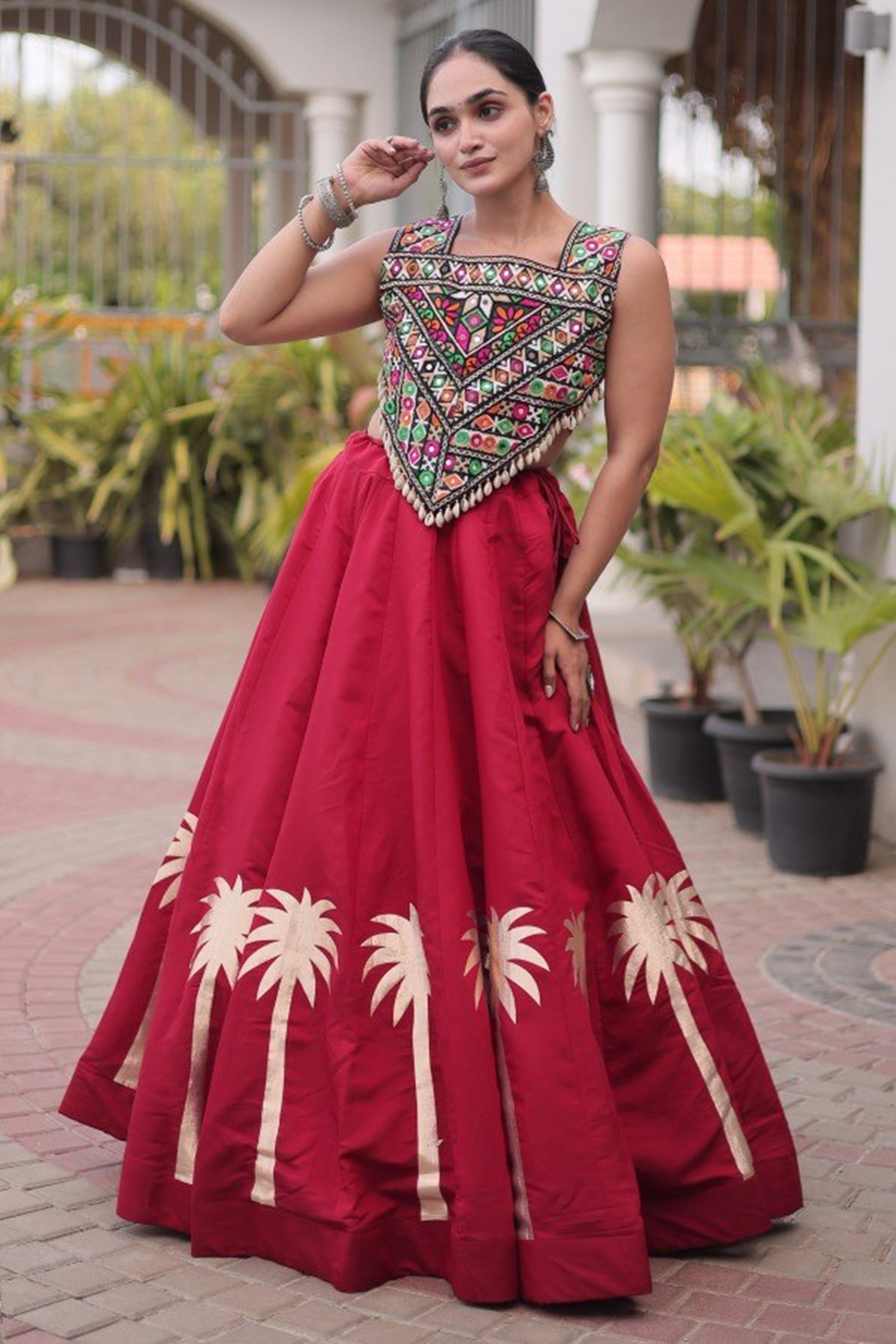 Red Cotton Kachchi Mirror Worked Chaniya Choli