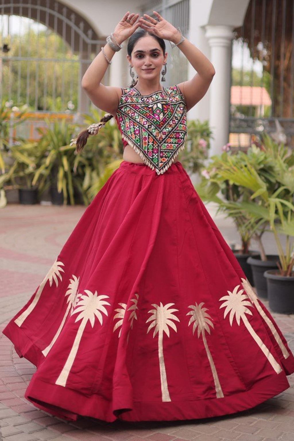 Red Cotton Kachchi Mirror Worked Chaniya Choli