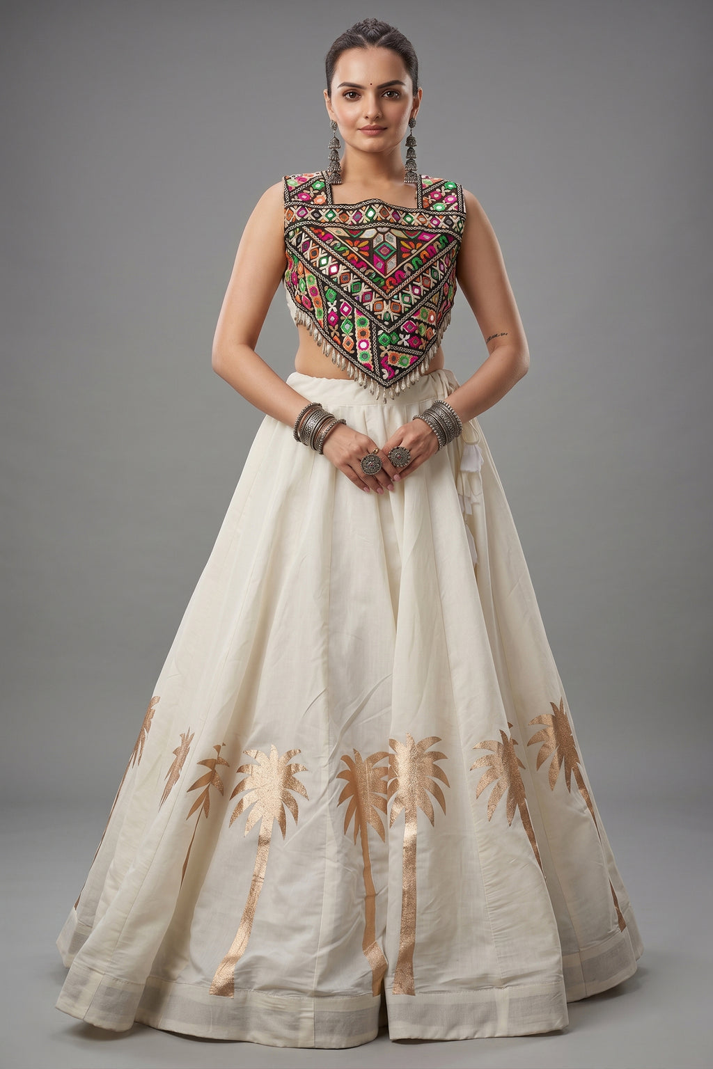 White Cotton Kachchi Mirror Worked Chaniya Choli