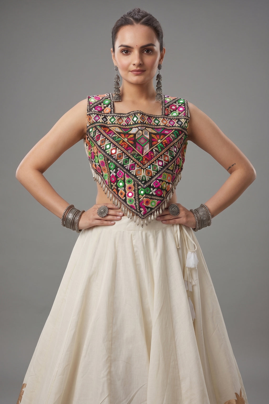 White Cotton Kachchi Mirror Worked Chaniya Choli
