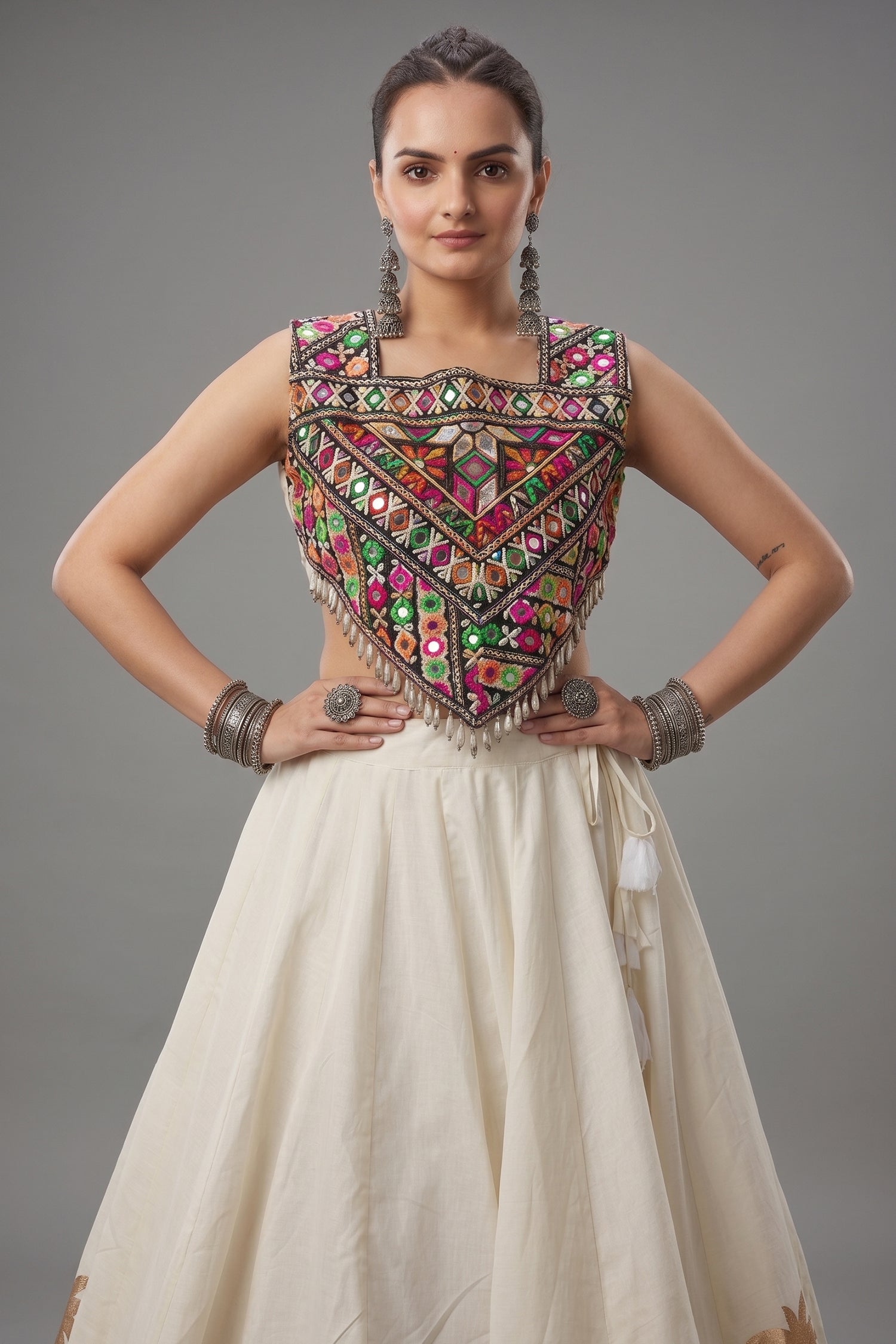 White Cotton Kachchi Mirror Worked Chaniya Choli