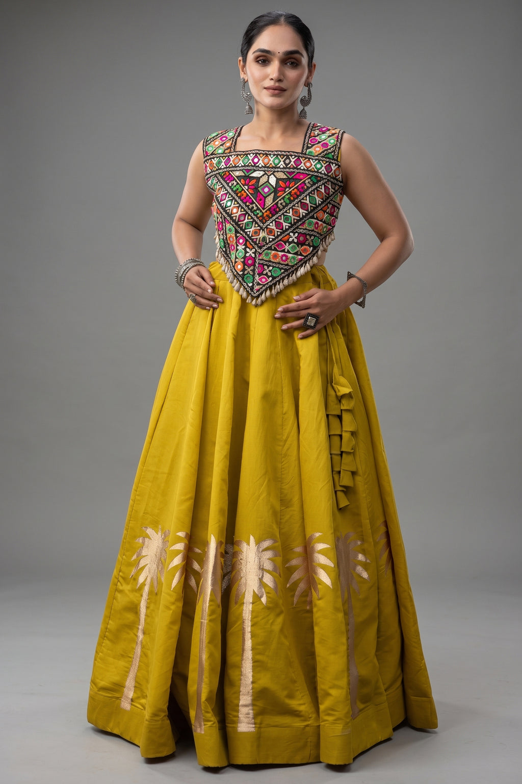 Yellow Cotton Kachchi Mirror Worked Chaniya Choli