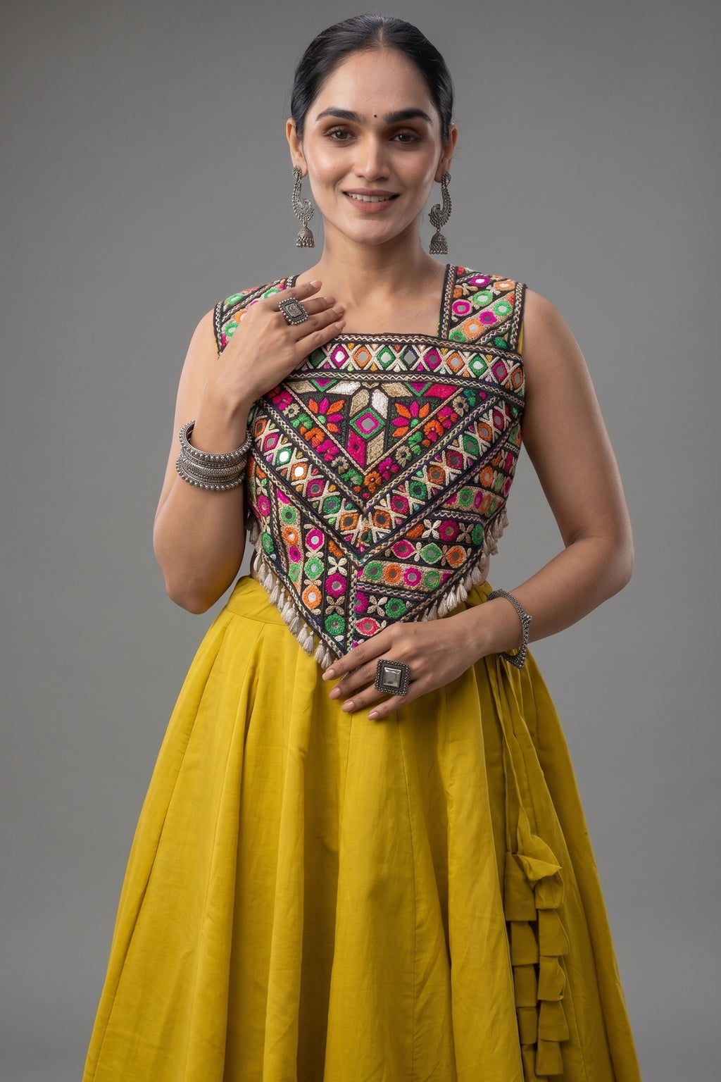 Yellow Cotton Kachchi Mirror Worked Chaniya Choli