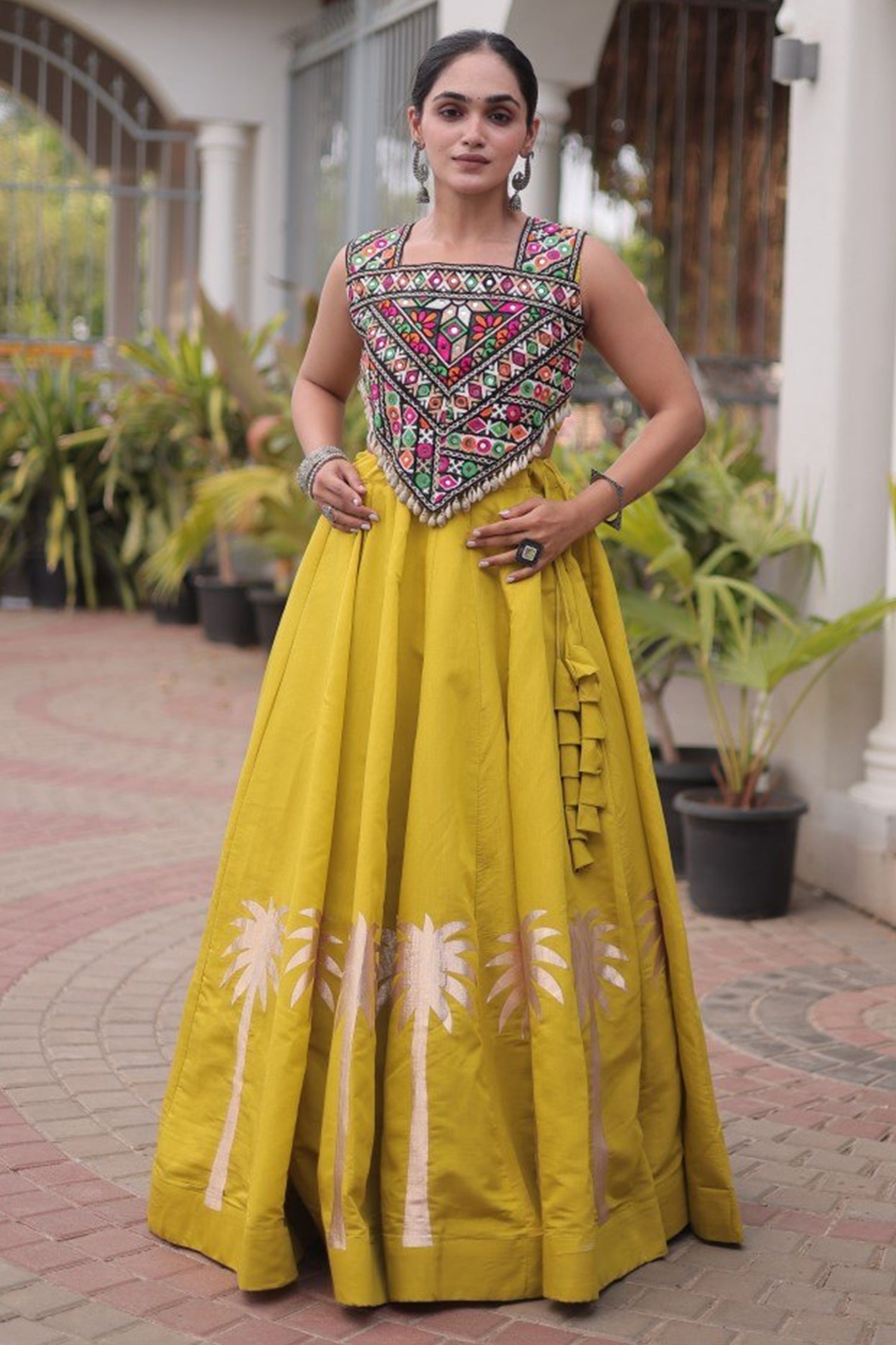 Yellow Cotton Kachchi Mirror Worked Chaniya Choli