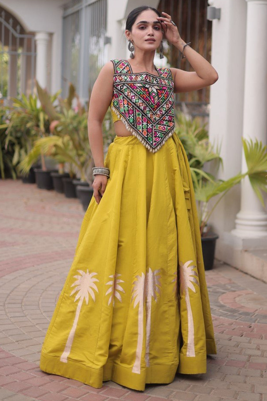 Yellow Cotton Kachchi Mirror Worked Chaniya Choli