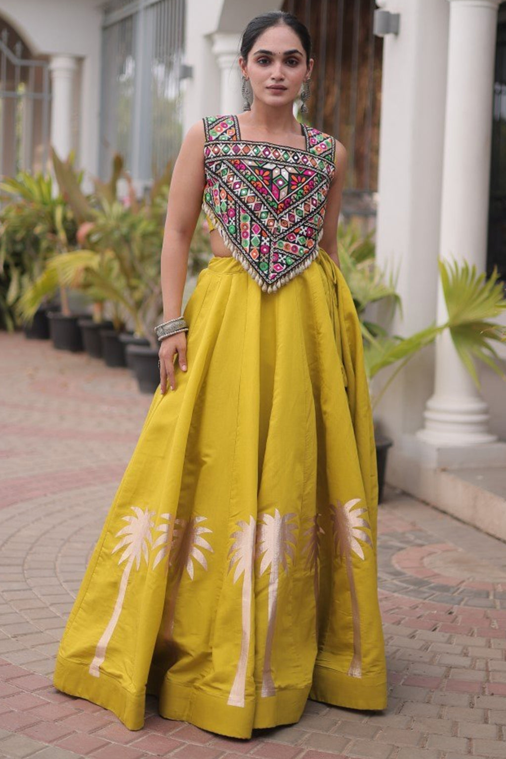 Yellow Cotton Kachchi Mirror Worked Chaniya Choli