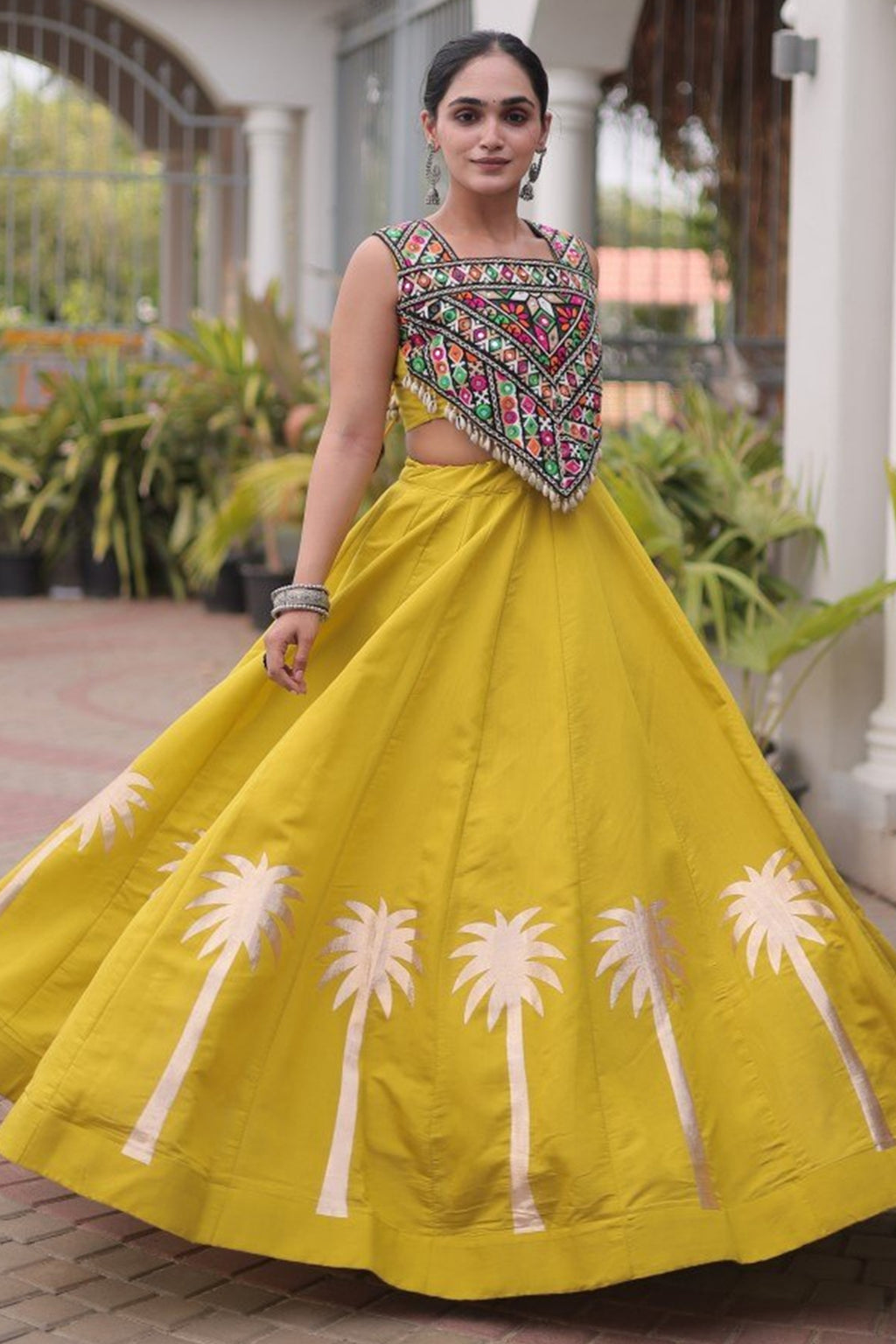 Yellow Cotton Kachchi Mirror Worked Chaniya Choli