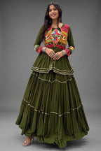 Bottle Green Cotton Kachchi Worked Peplum Chaniya Choli