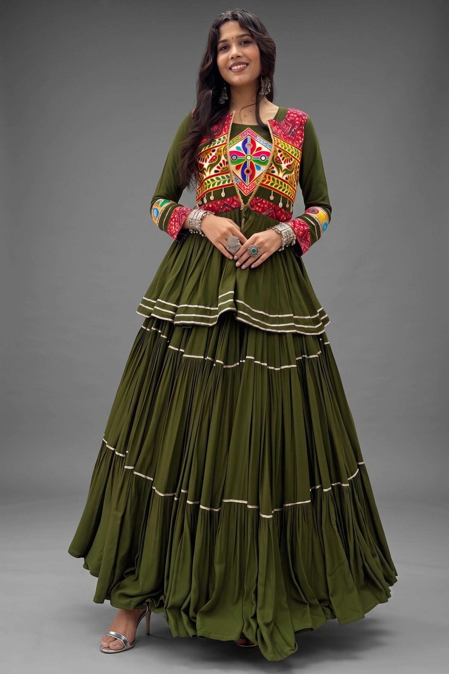 Bottle Green Cotton Kachchi Worked Peplum Chaniya Choli