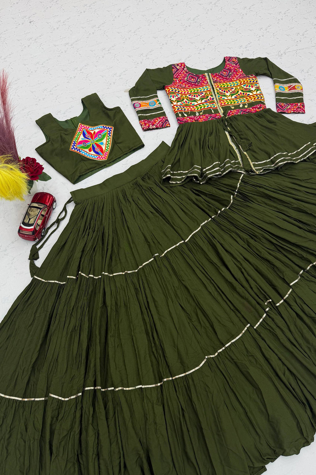 Bottle Green Cotton Kachchi Worked Peplum Chaniya Choli