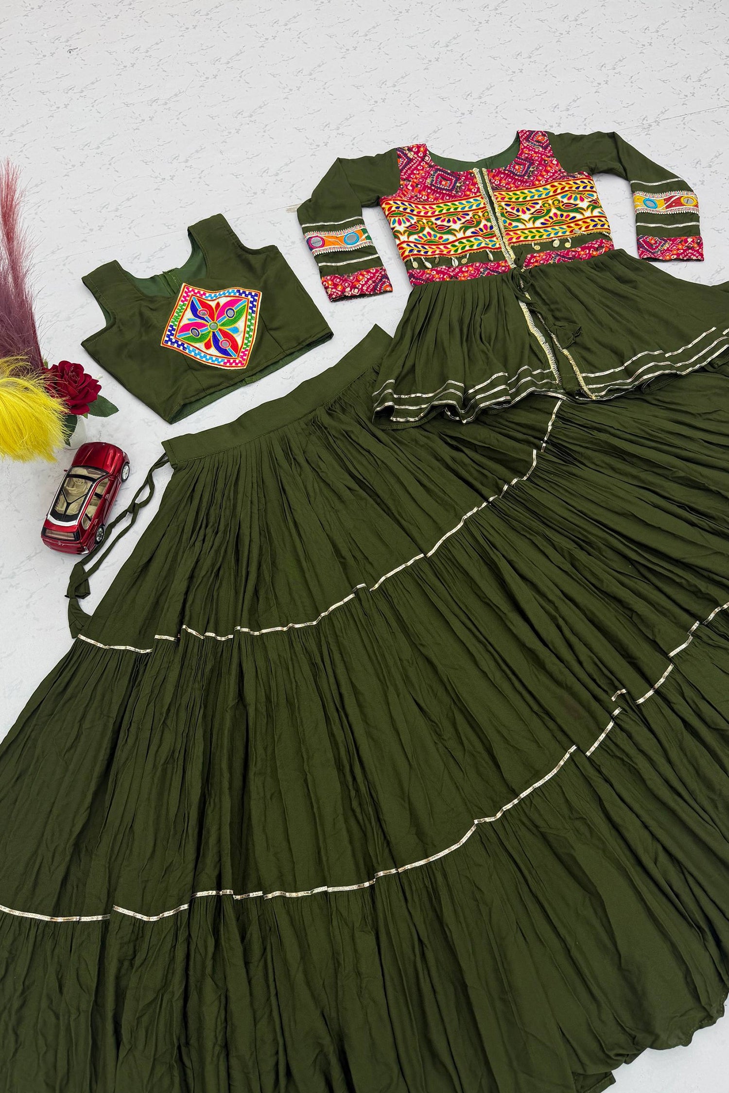 Bottle Green Cotton Kachchi Worked Peplum Chaniya Choli