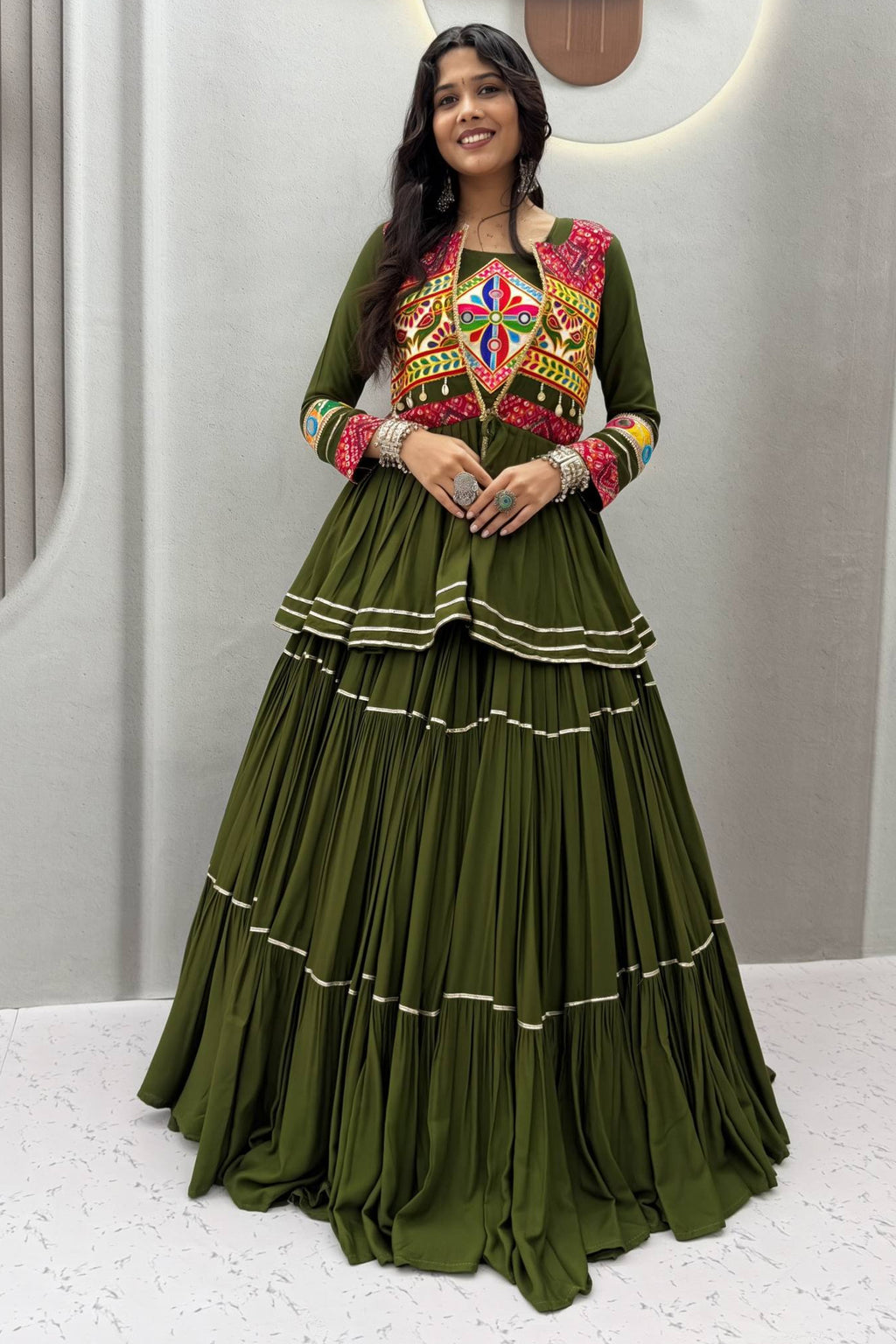 Bottle Green Cotton Kachchi Worked Peplum Chaniya Choli