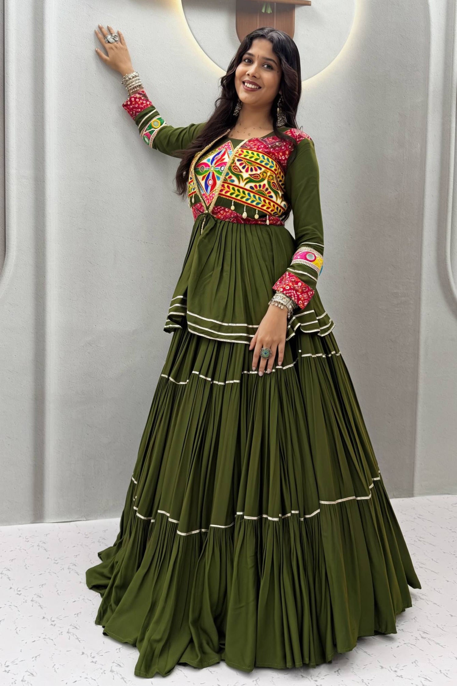 Bottle Green Cotton Kachchi Worked Peplum Chaniya Choli
