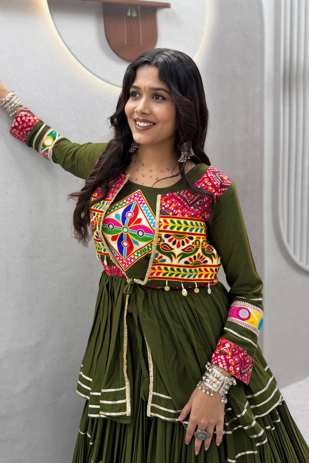 Bottle Green Cotton Kachchi Worked Peplum Chaniya Choli