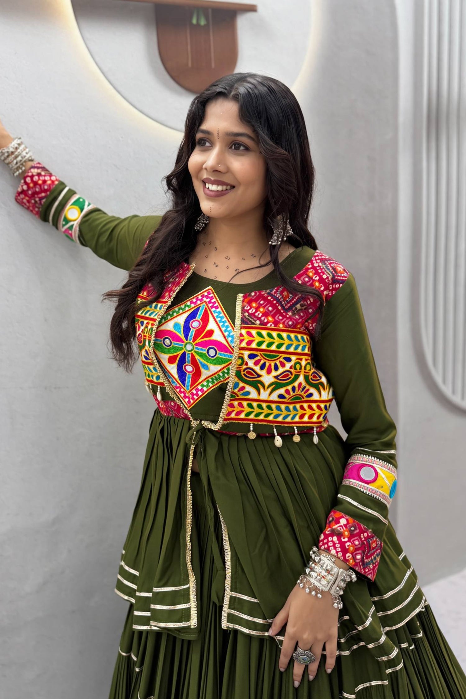 Bottle Green Cotton Kachchi Worked Peplum Chaniya Choli