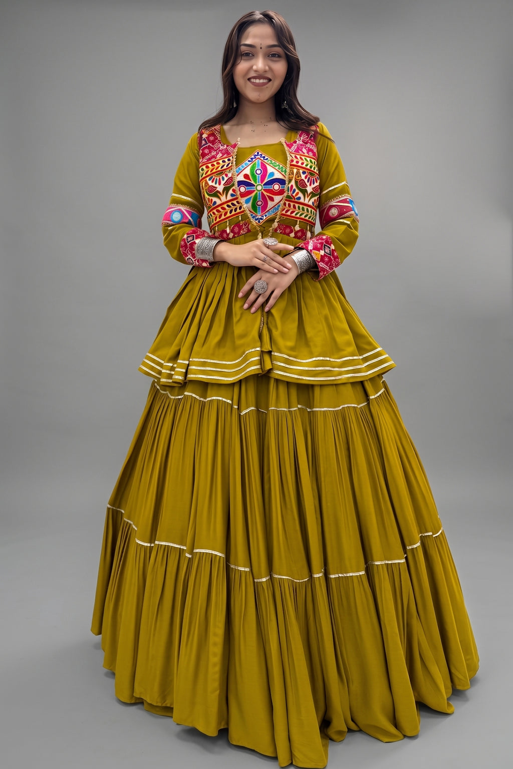 Olive Green Cotton Kachchi Worked Peplum Chaniya Choli