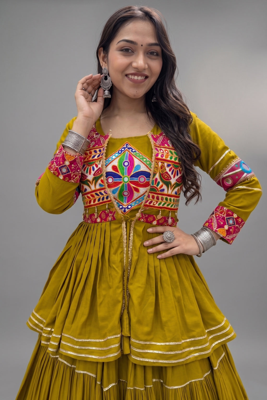 Olive Green Cotton Kachchi Worked Peplum Chaniya Choli