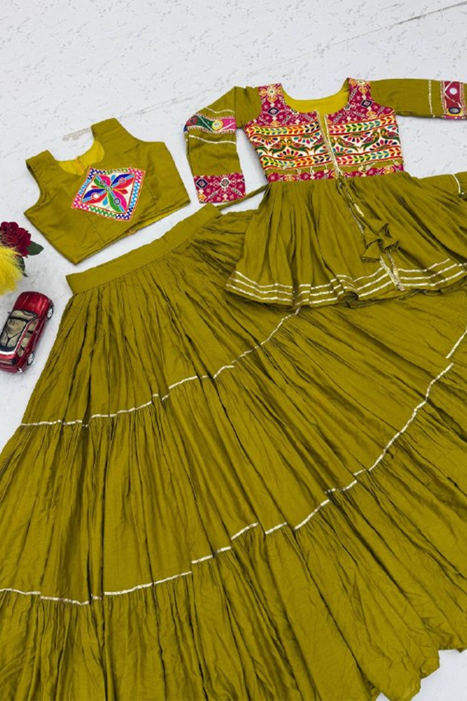 Olive Green Cotton Kachchi Worked Peplum Chaniya Choli