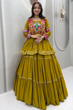 Olive Green Cotton Kachchi Worked Peplum Chaniya Choli