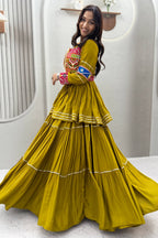 Olive Green Cotton Kachchi Worked Peplum Chaniya Choli