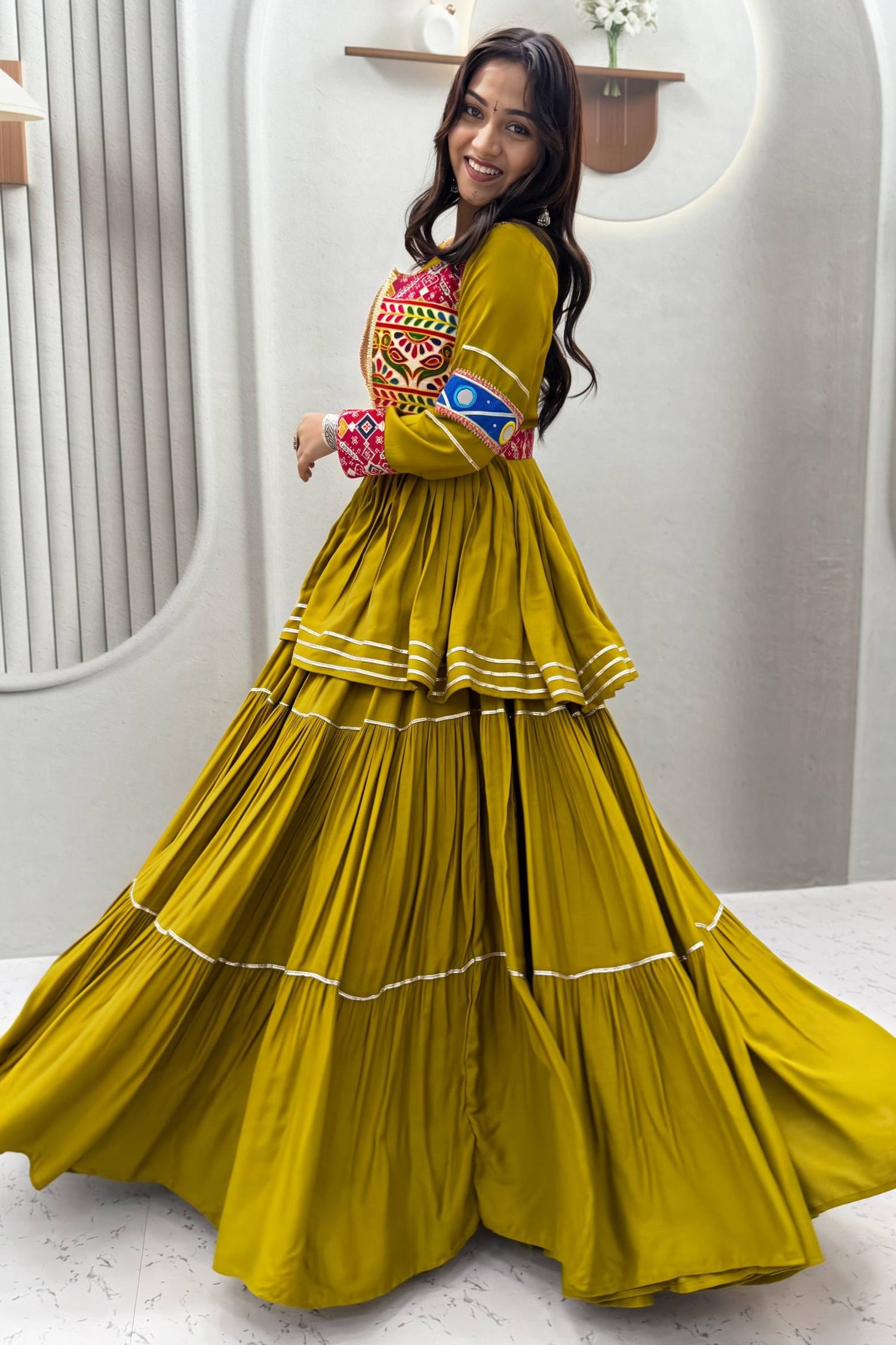 Olive Green Cotton Kachchi Worked Peplum Chaniya Choli
