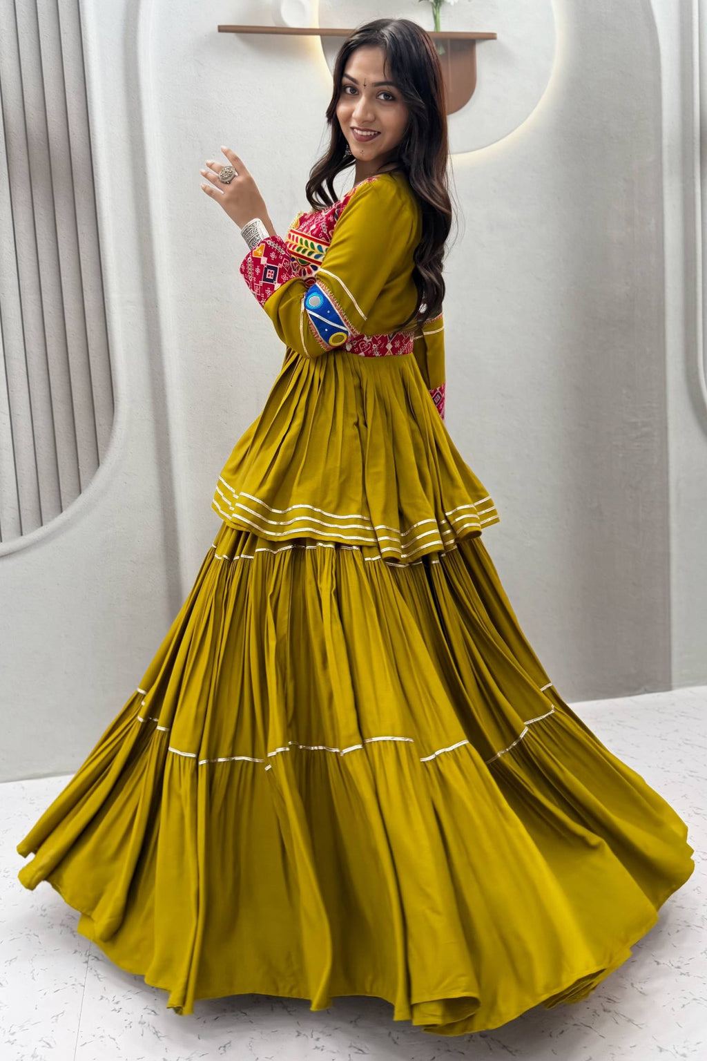 Olive Green Cotton Kachchi Worked Peplum Chaniya Choli