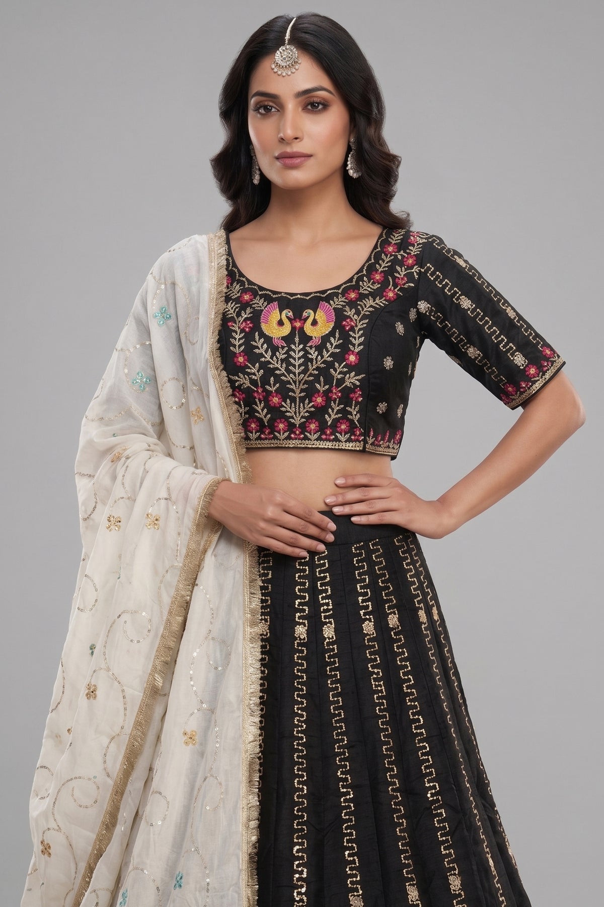 Black Art Silk Embroidered Chaniya Choli