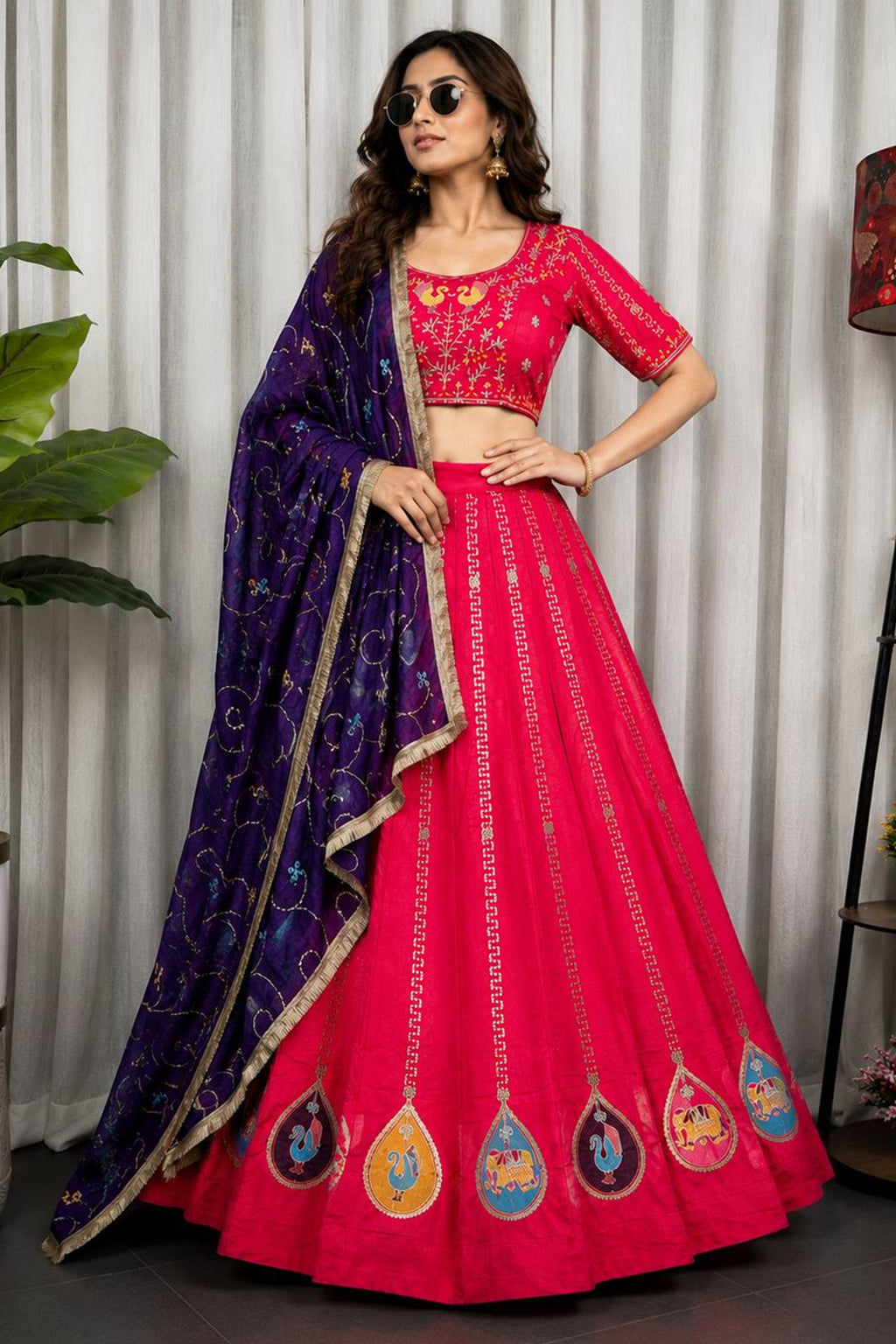 Pink Art Silk Embroidered Chaniya Choli