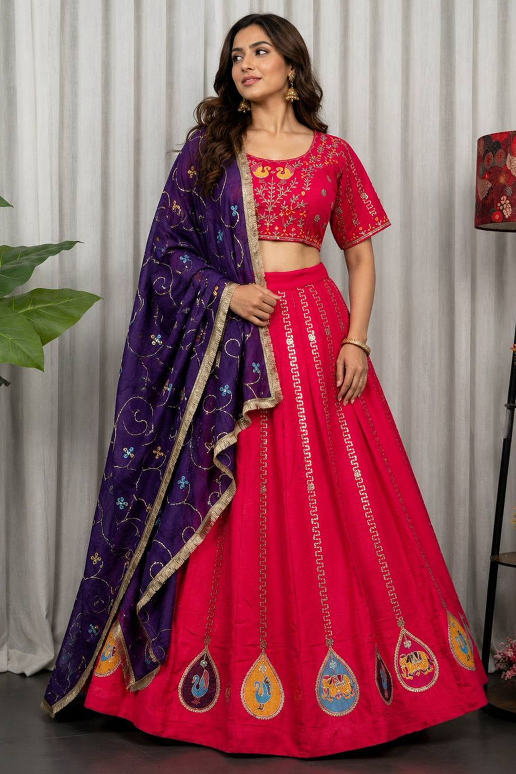 Pink Art Silk Embroidered Chaniya Choli