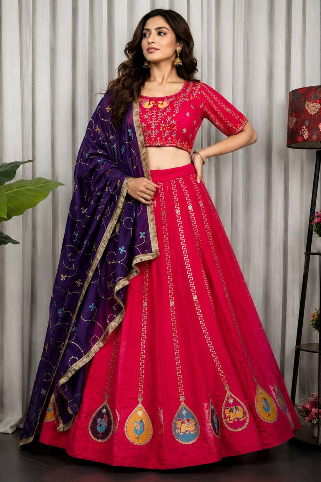 Pink Art Silk Embroidered Chaniya Choli