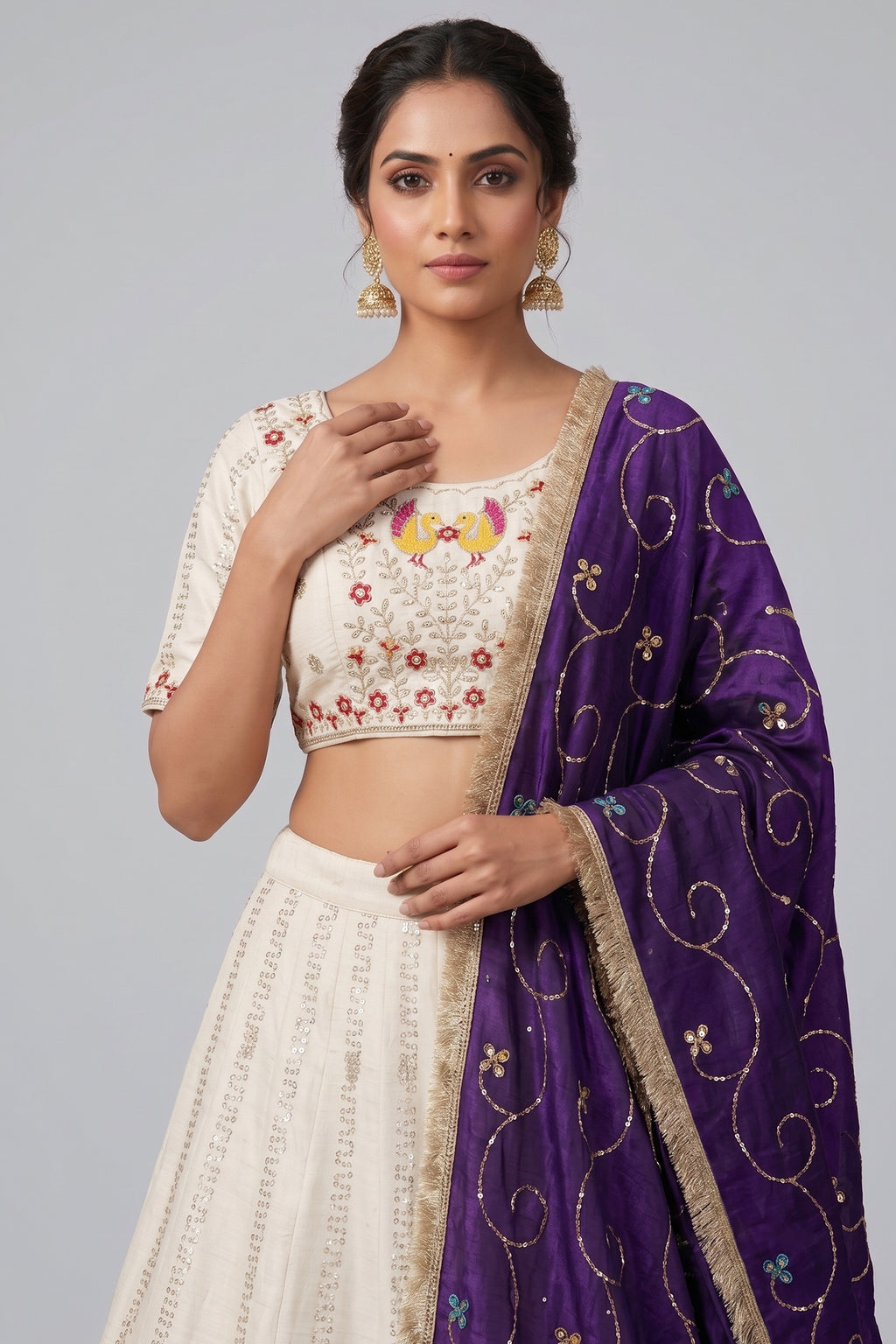 White Art Silk Embroidered Chaniya Choli
